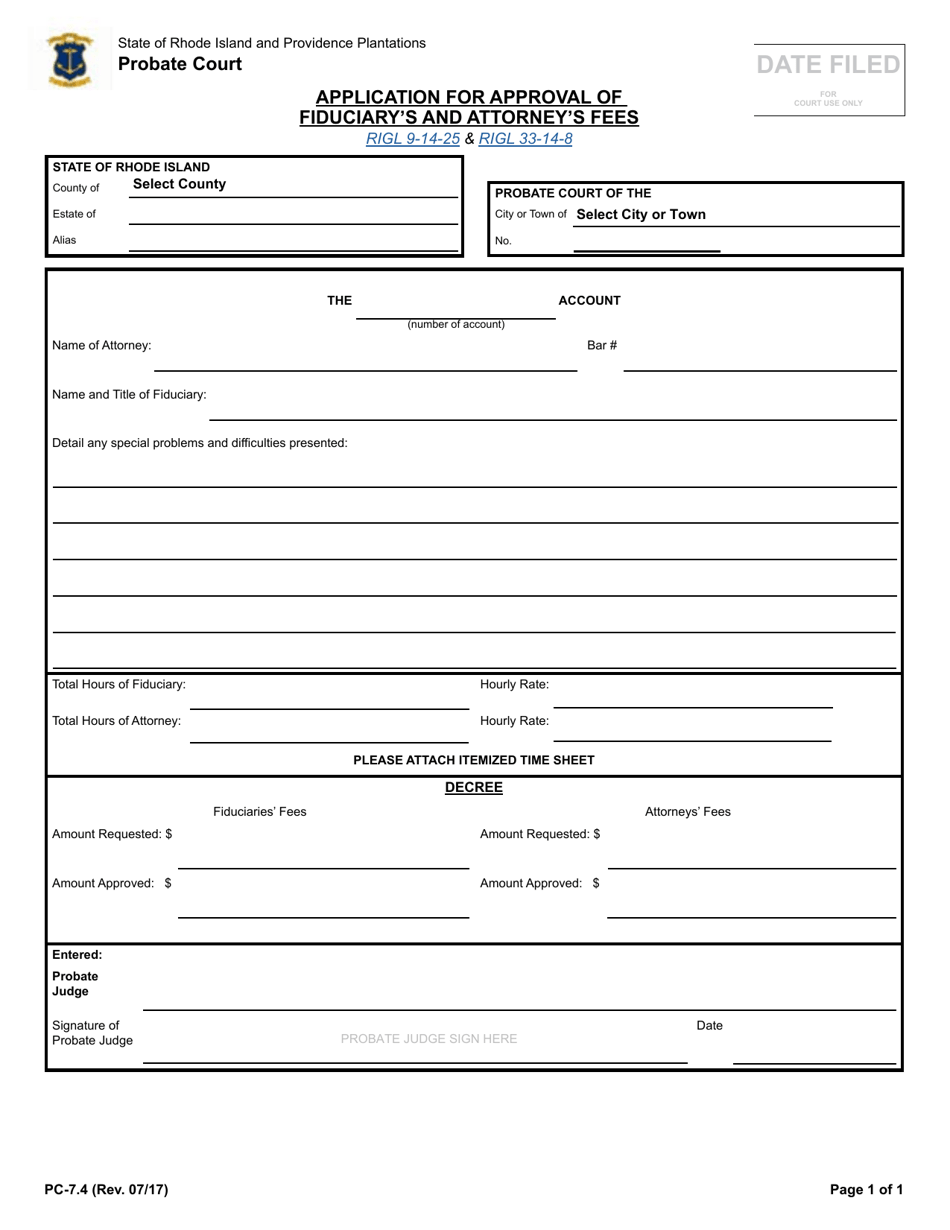 Form PC-7.4 Application for Approval of Fiduciarys and Attorneys Fees - Rhode Island, Page 1