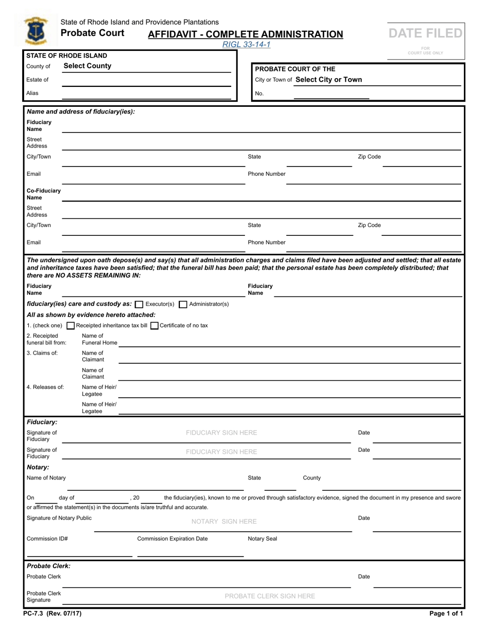 Form PC-7.3 Affidavit - Complete Administration - Rhode Island, Page 1