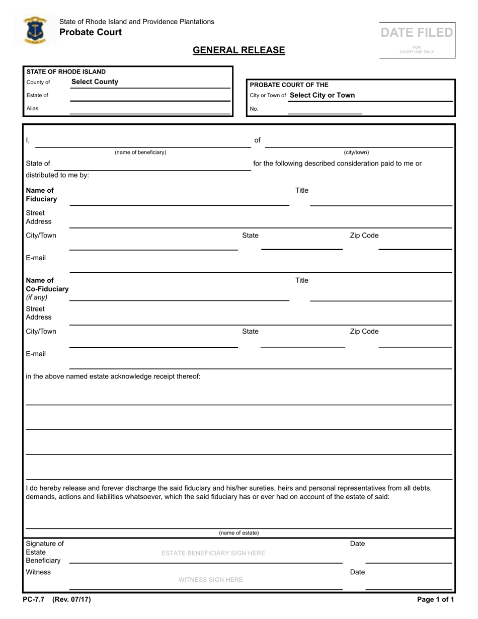 Form PC-7.7 General Release - Rhode Island, Page 1