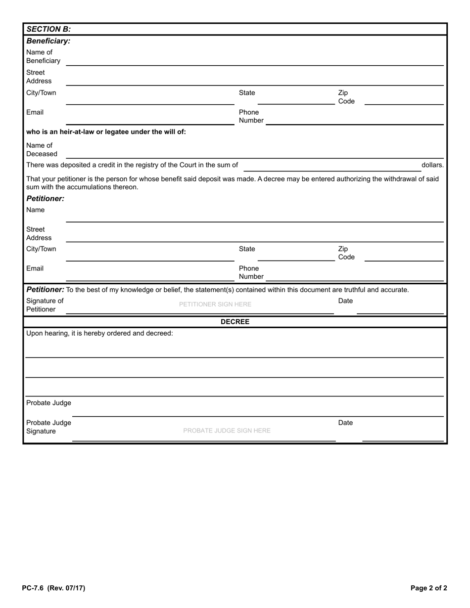 Form PC-7.6 Petition for Disposal or Withdrawal of Funds - Rhode Island, Page 2