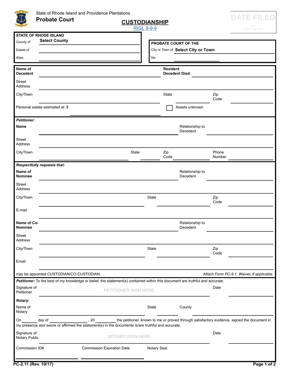 Form PC-2.11 Custodianship - Rhode Island, Page 1