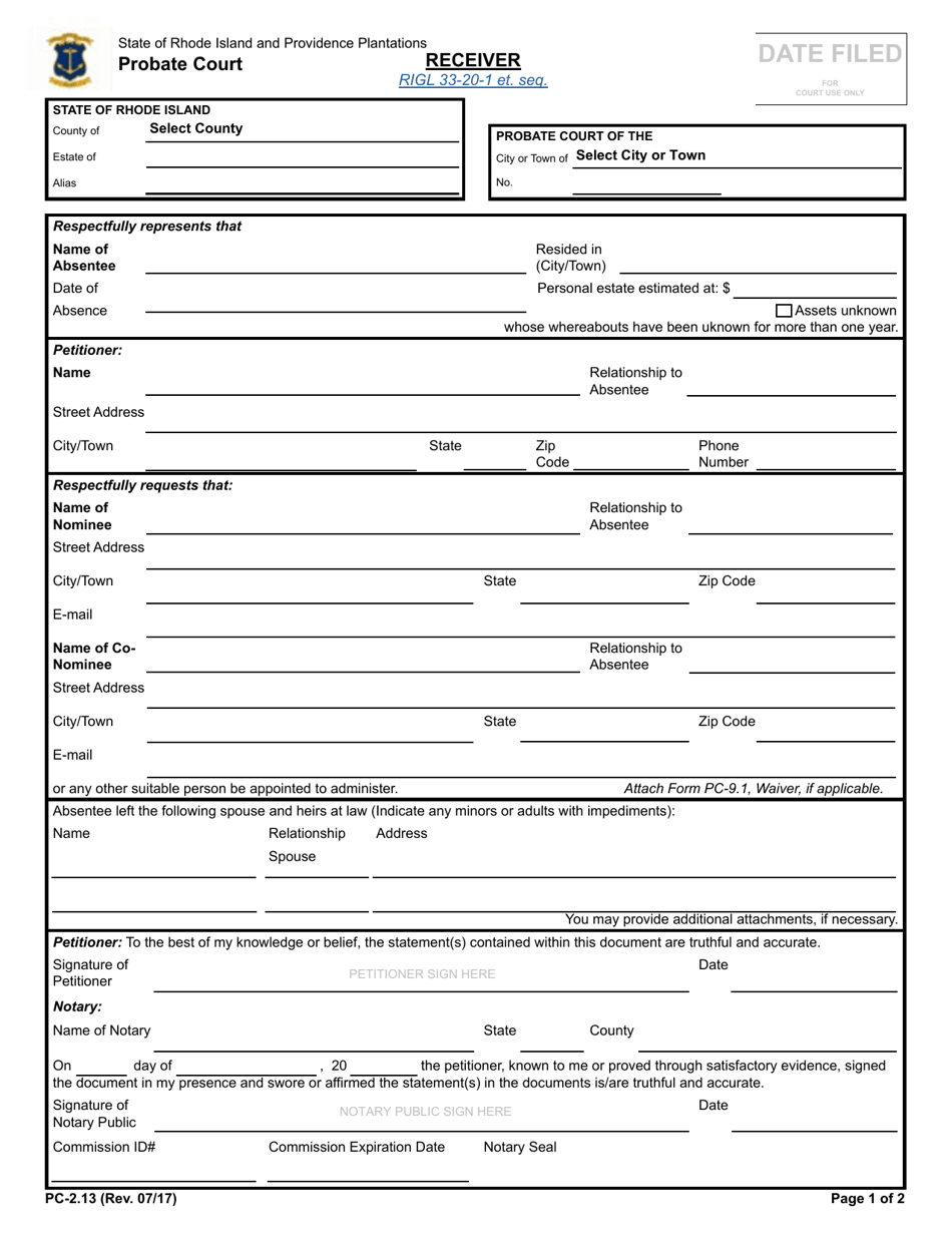 Form PC-2.13 Receiver - Rhode Island, Page 1