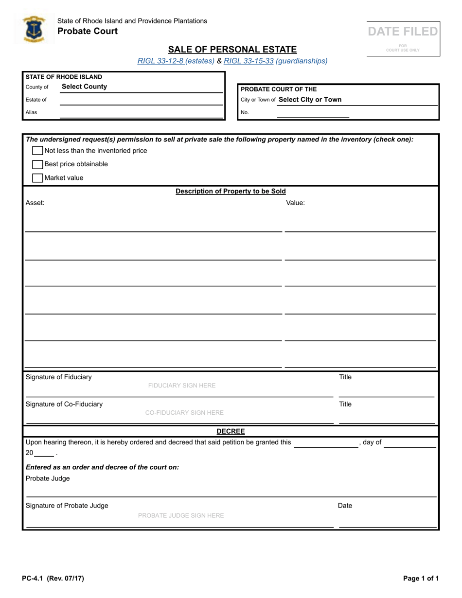 Form PC-4.1 Sale of Personal Estate - Rhode Island, Page 1