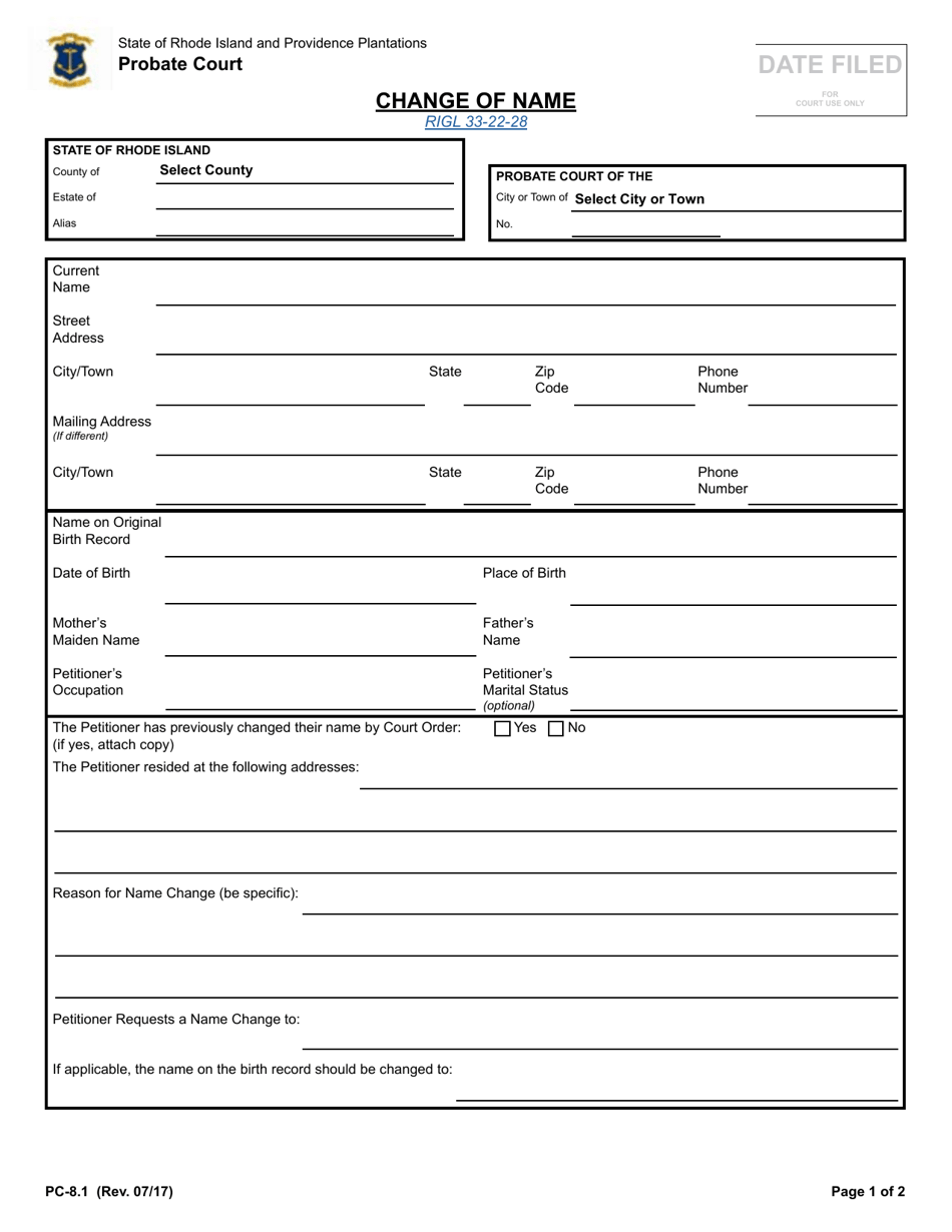 Form PC-8.1 Change of Name - Rhode Island, Page 1