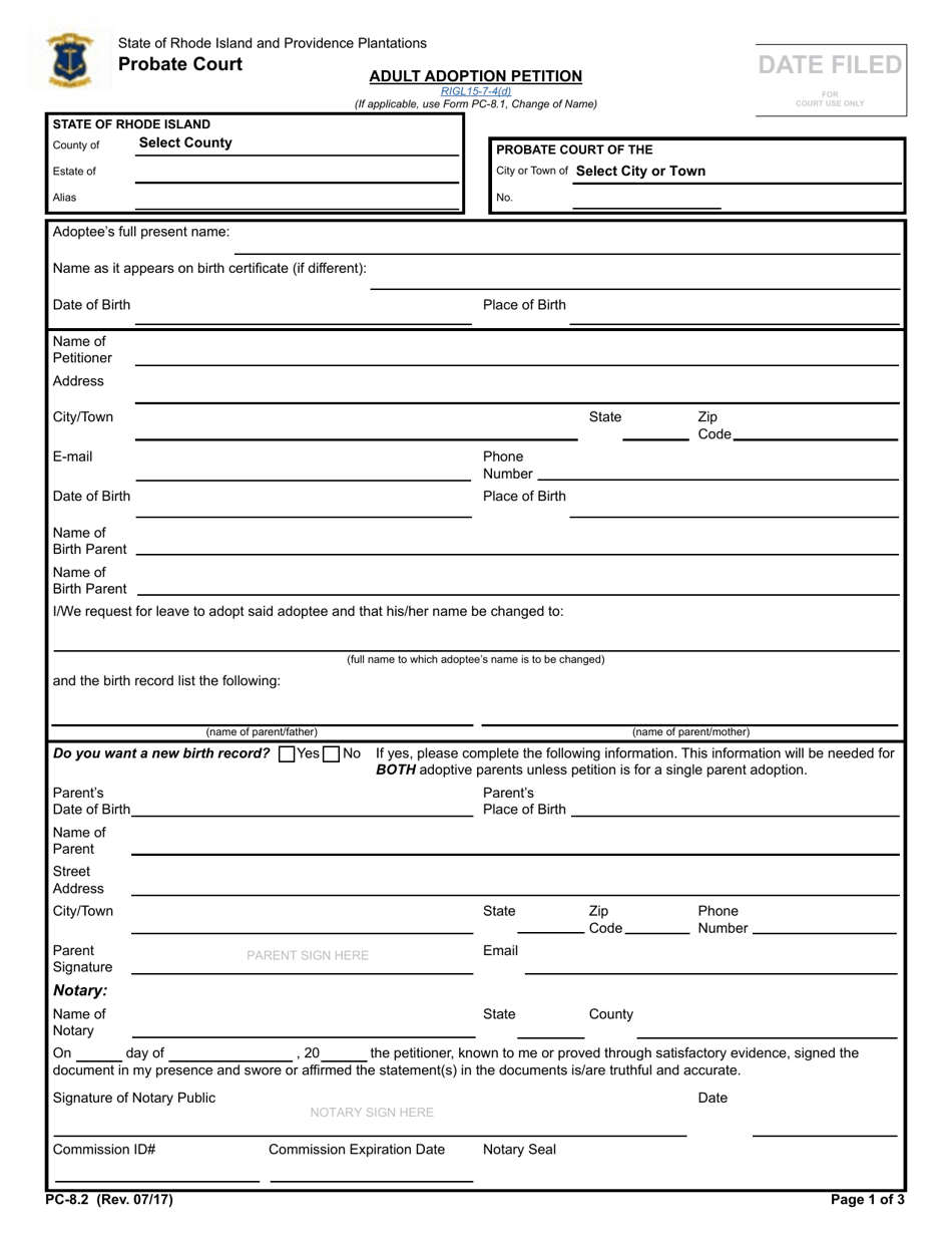 Form PC-8.2 Adult Adoption Petition and Change of Name - Rhode Island, Page 1