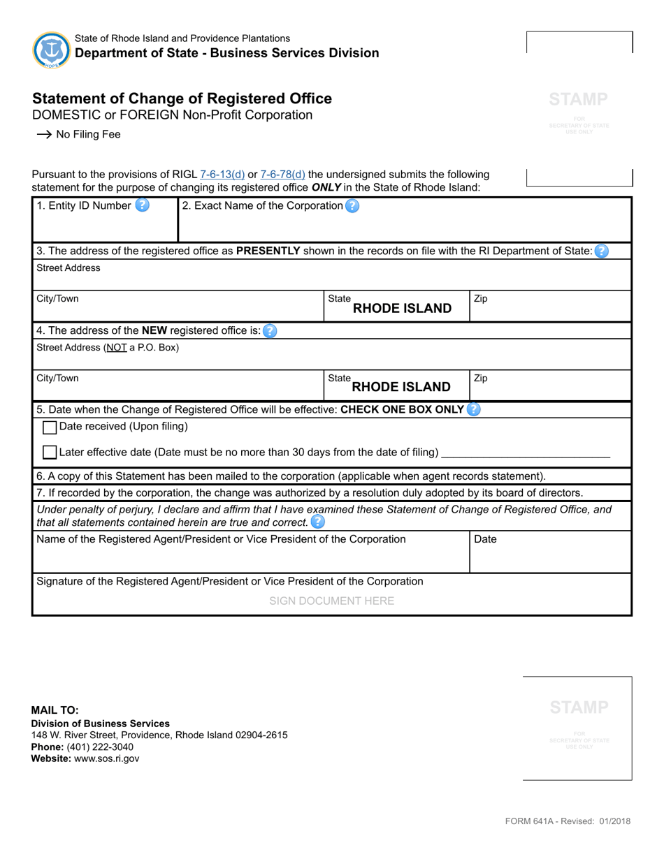 Form 641A Statement of Change of Registered Office - Domestic or Foreign Non-profit Corporation - Rhode Island, Page 2
