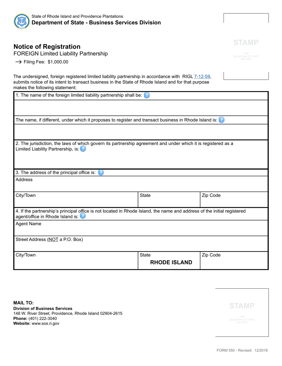 Form 550 Notice of Registration - Foreign Limited Liability Partnership - Rhode Island, Page 3