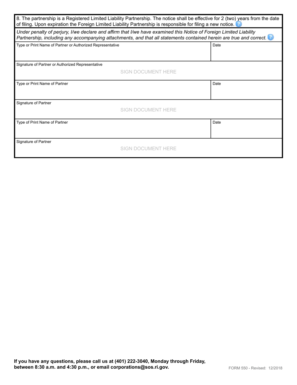Form 550 Notice of Registration - Foreign Limited Liability Partnership - Rhode Island, Page 5