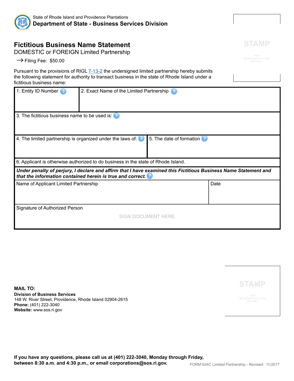 Form 624C Fictitious Business Name Statement - Rhode Island, Page 2