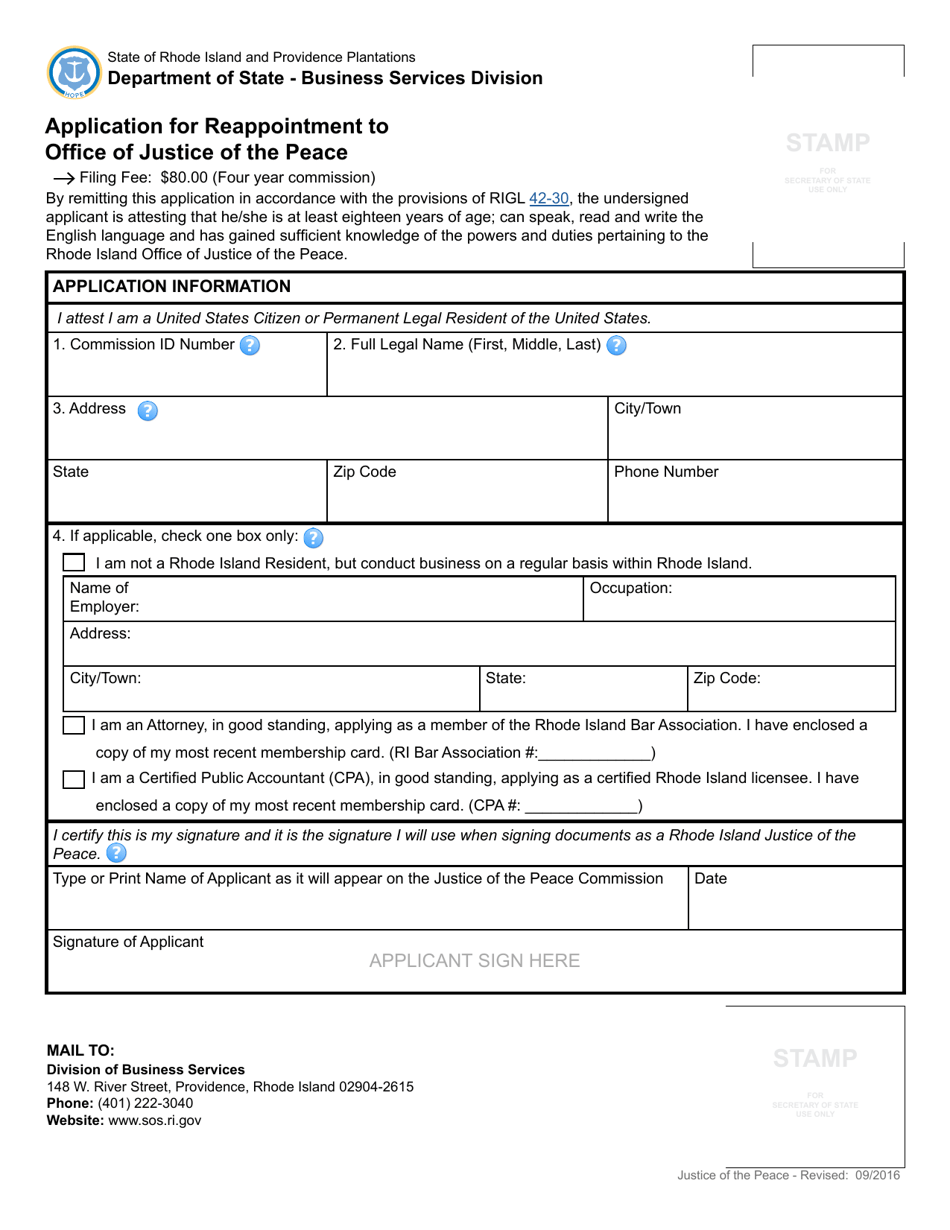 Rhode Island Application For Reappointment To Office Of Justice Of The Peace Fill Out Sign 8990