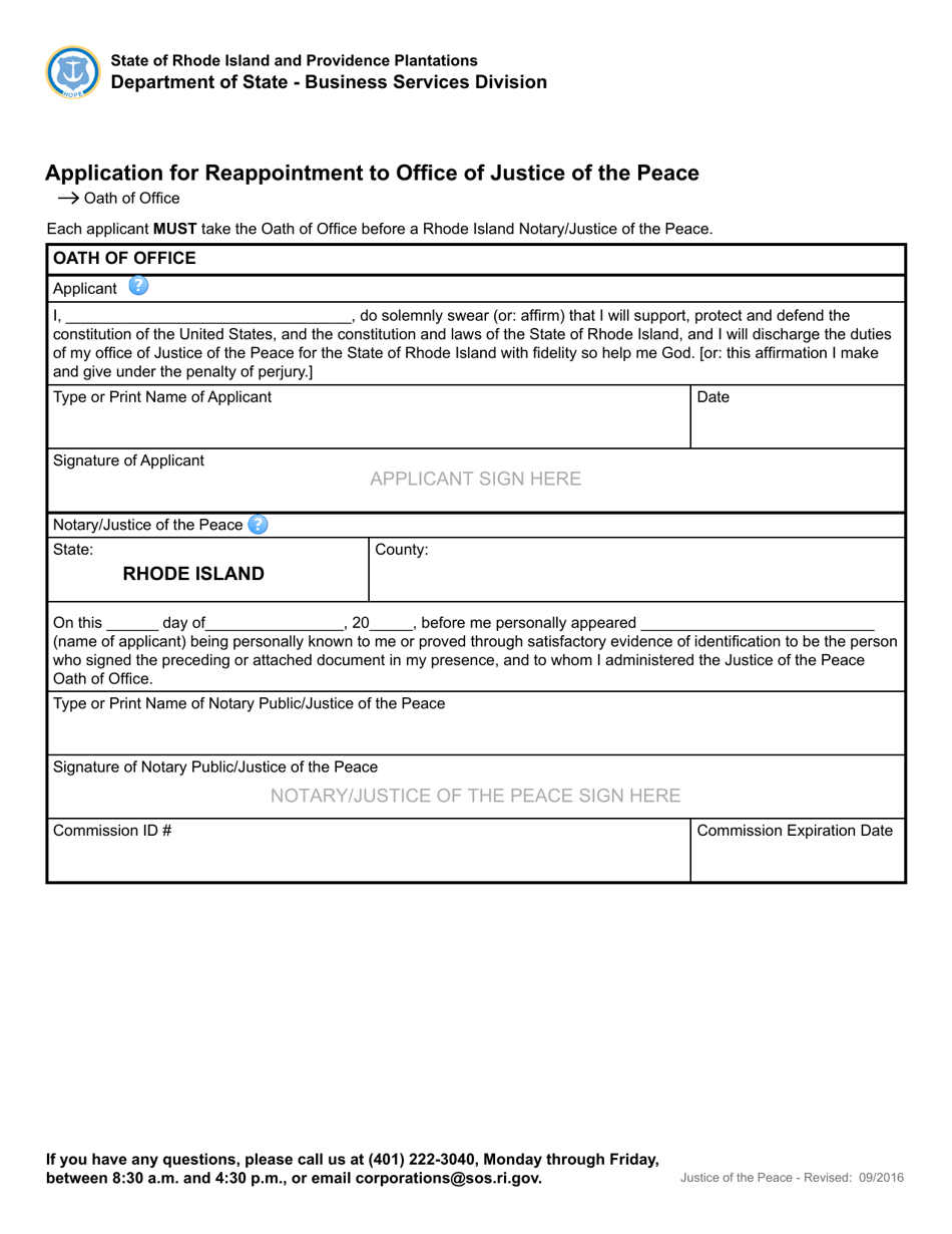 Rhode Island Application For Reappointment To Office Of Justice Of The Peace Fill Out Sign 4402