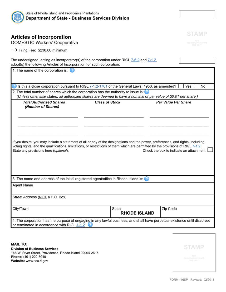 Form 116SP Articles of Incorporation - Rhode Island (English / Spanish), Page 3