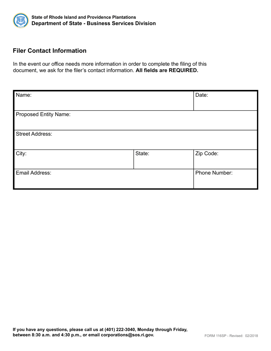 Form 116SP Articles of Incorporation - Rhode Island (English / Spanish), Page 5