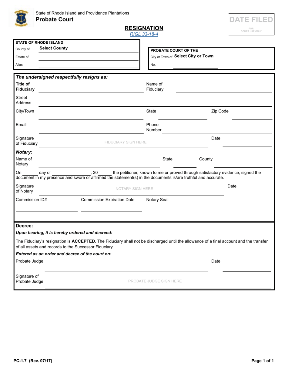 Form PC-1.7 Resignation - Rhode Island, Page 1