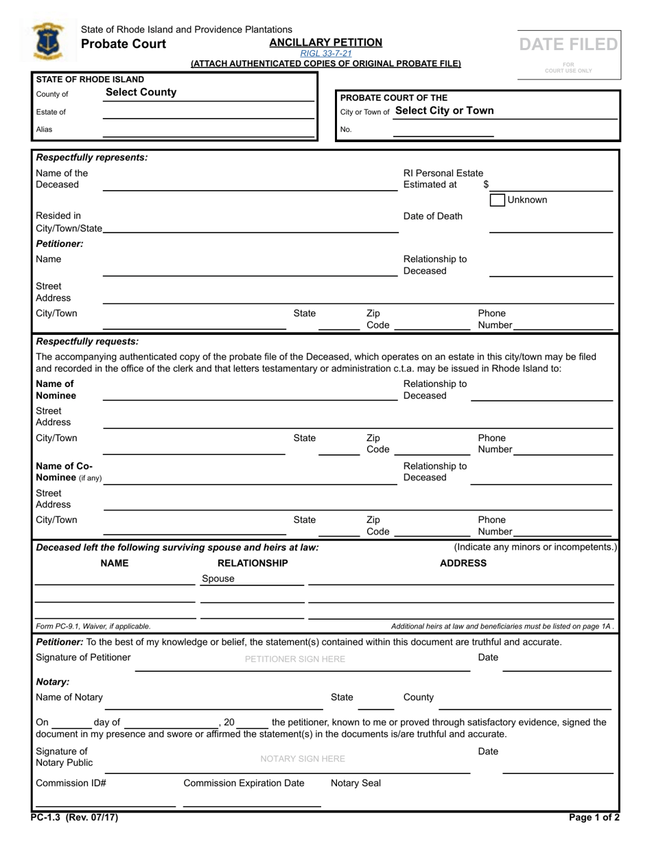 Form PC-1.3 Ancillary Petition - Rhode Island, Page 1