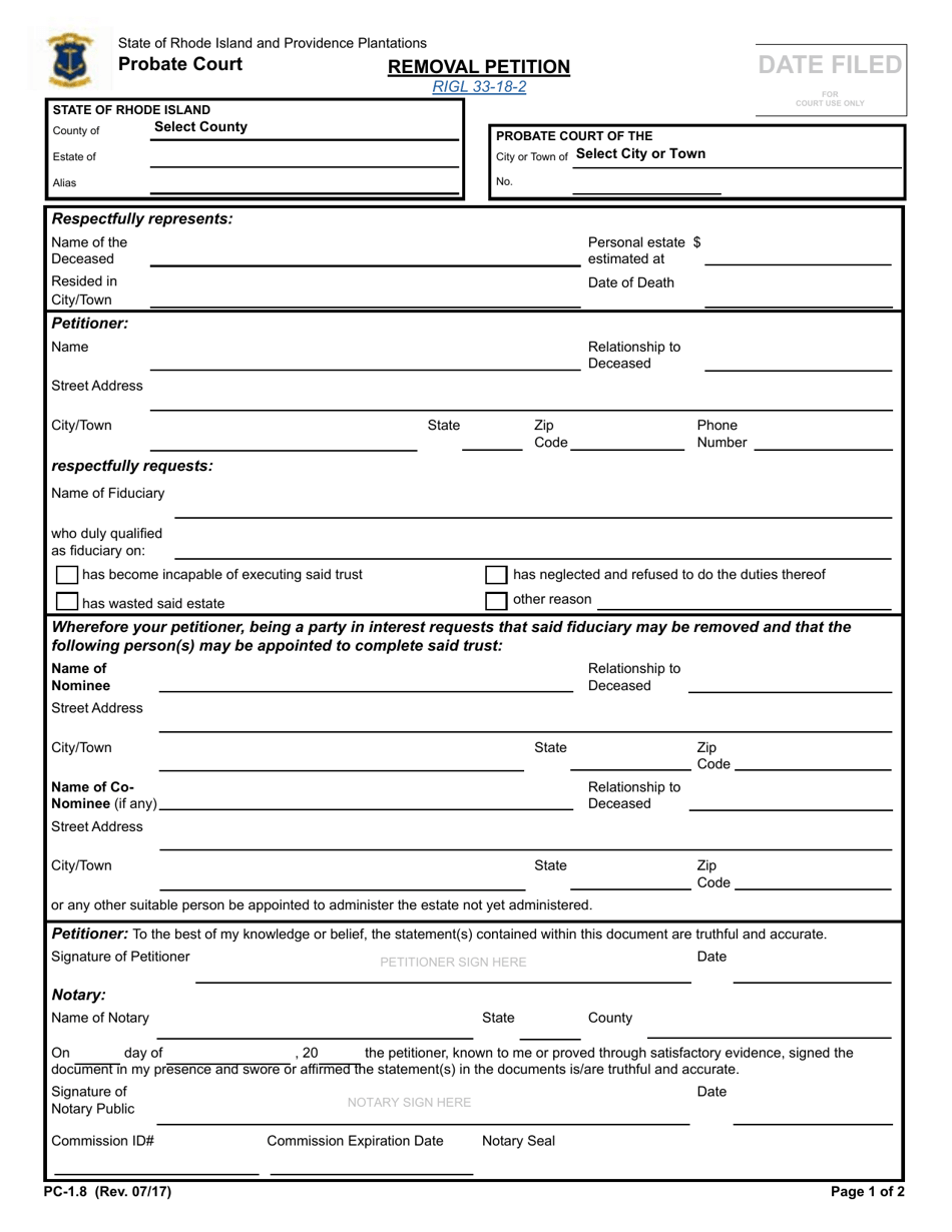 Form PC-1.8 Removal Petition - Rhode Island, Page 1