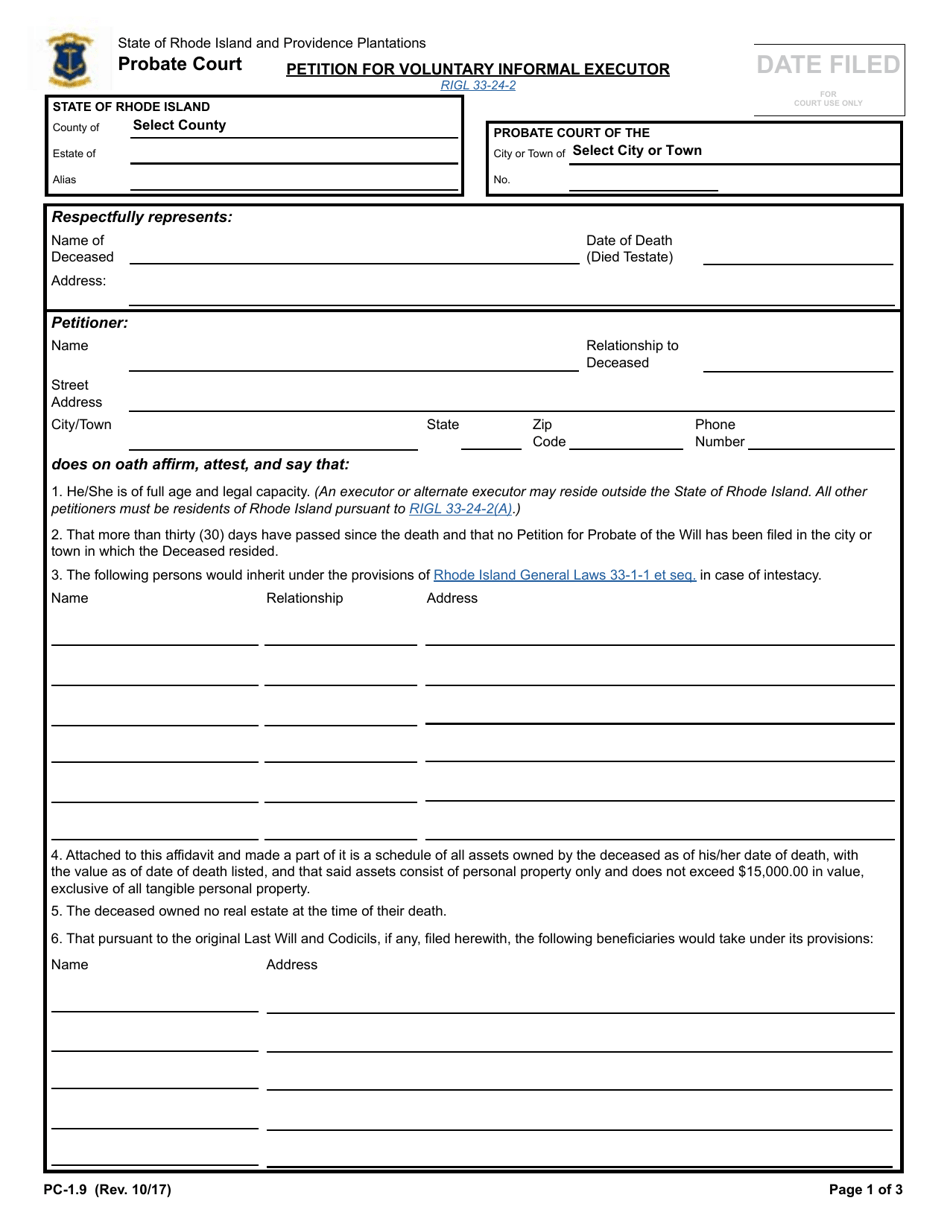 Form PC-1.9 Petition for Voluntary Informal Executor - Rhode Island, Page 1