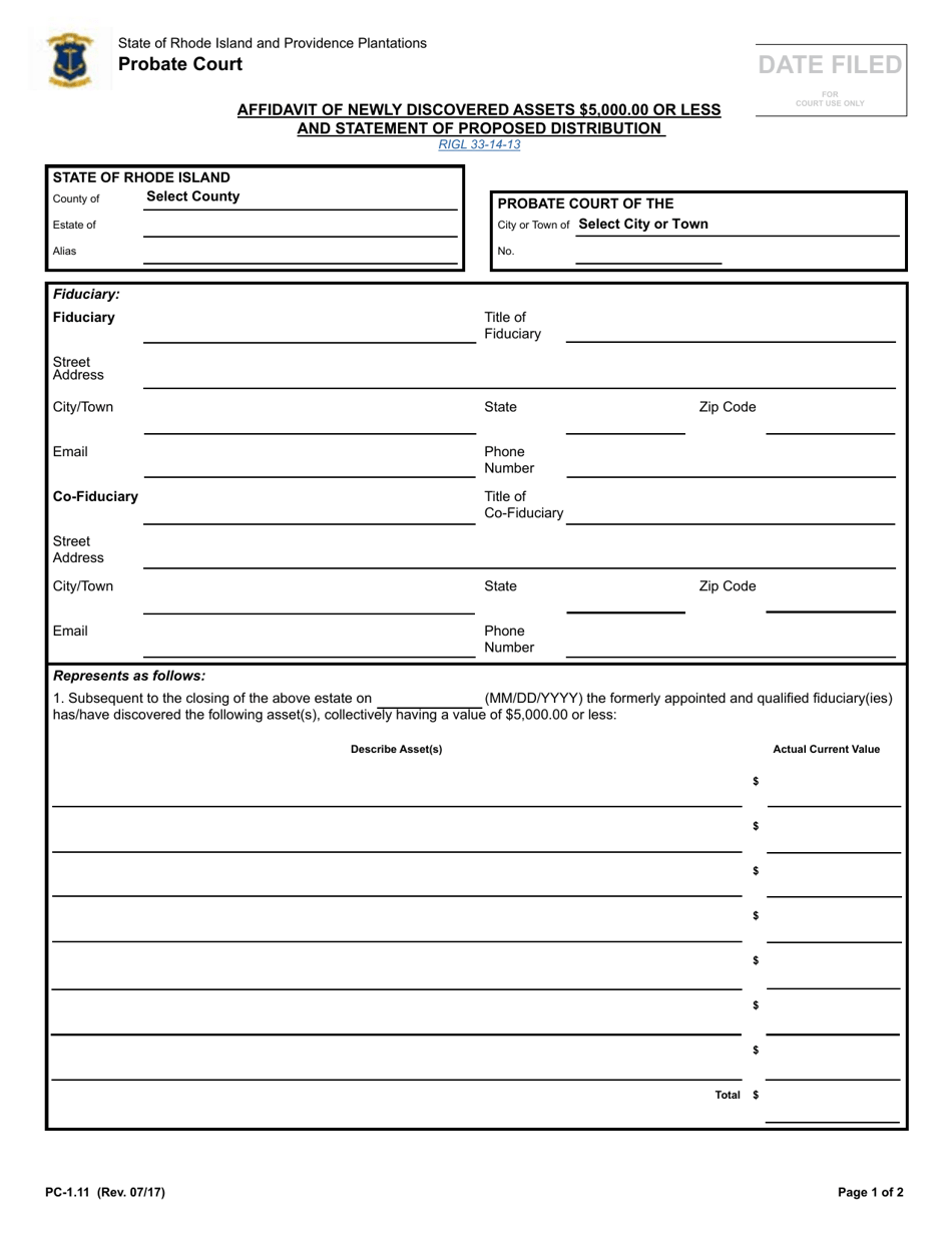 Form PC-1.11 Affidavit of Newly Discovered Assets $5000 or Less and Statement of Proposed Distribution - Rhode Island, Page 1