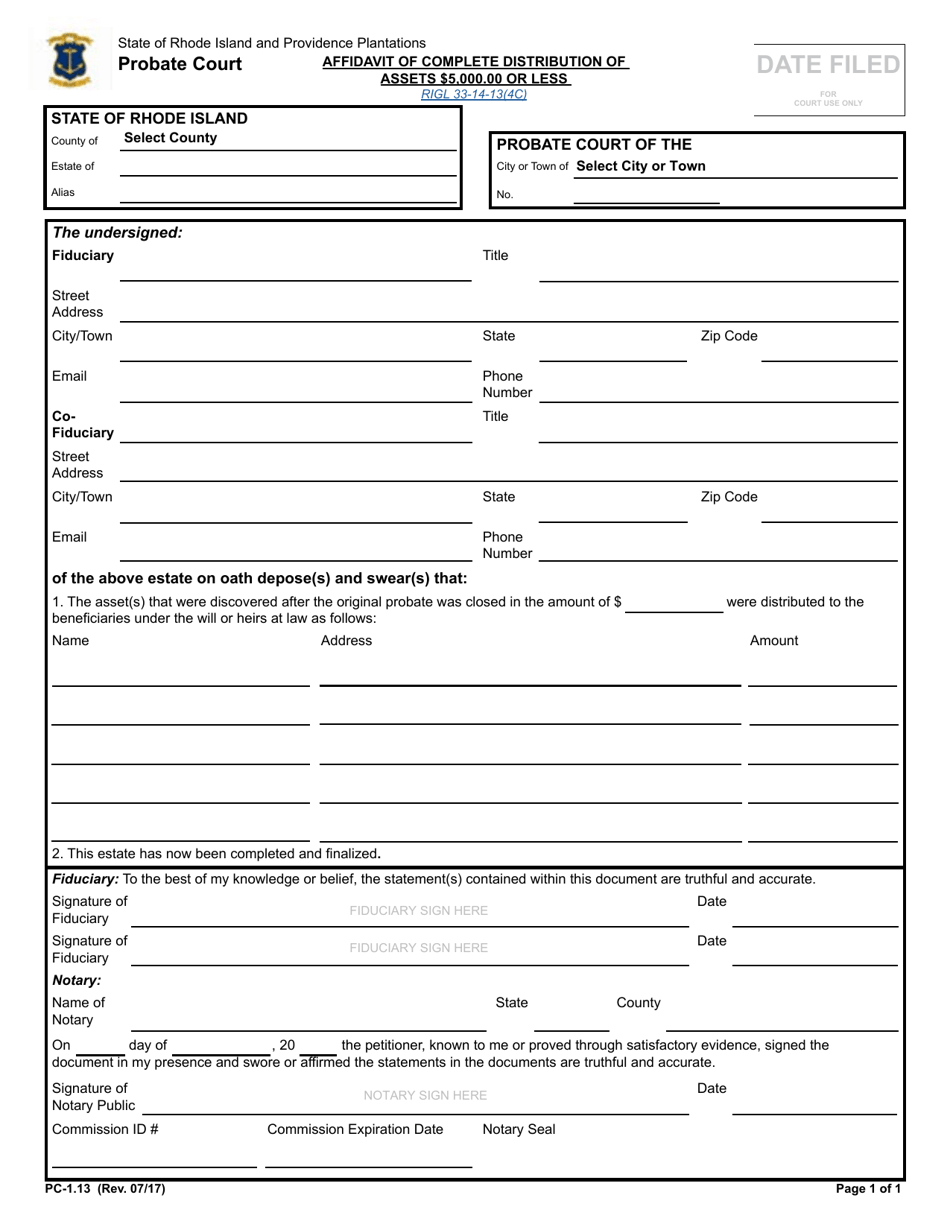 Form PC-1.13 Affidavit Complete Distribution $5000 or Less - Rhode Island, Page 1