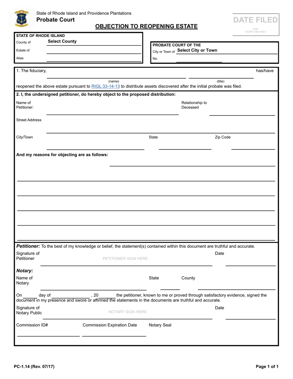 Form PC-1.14 - Fill Out, Sign Online And Download Fillable PDF, Rhode ...