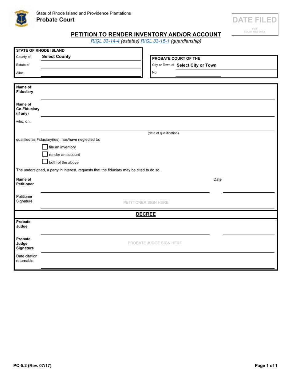 Form PC-5.2 Petition to Render Inventory and / or Account - Rhode Island, Page 1