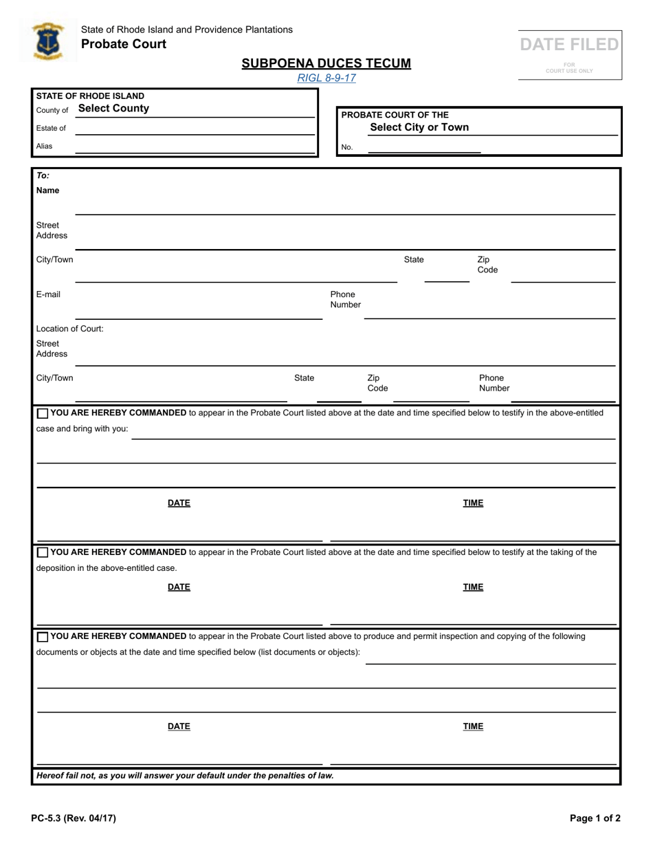 Form PC-5.3 Subpoena Duces Tecum - Rhode Island, Page 1