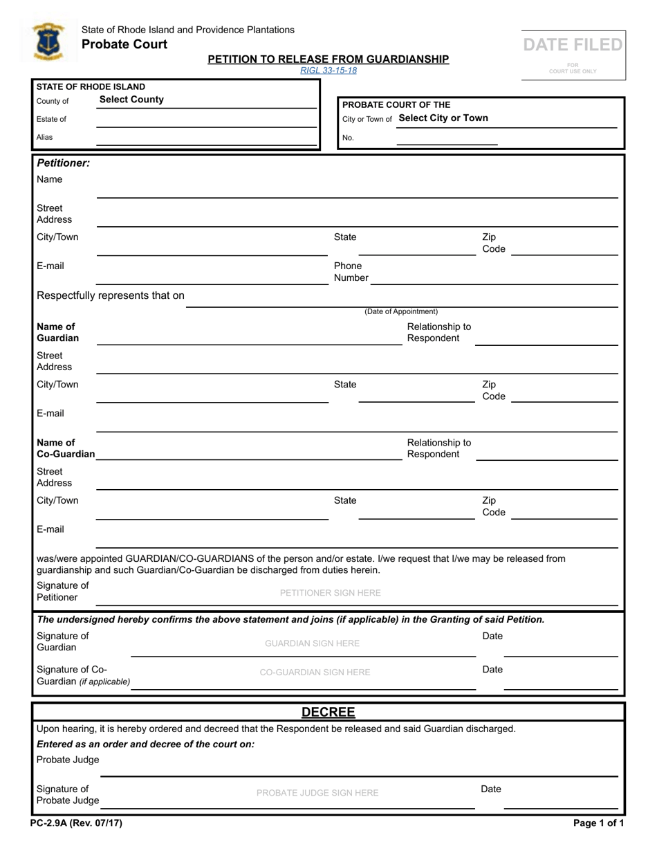 Form PC-2.9A Petition to Release From Guardianship - Rhode Island, Page 1