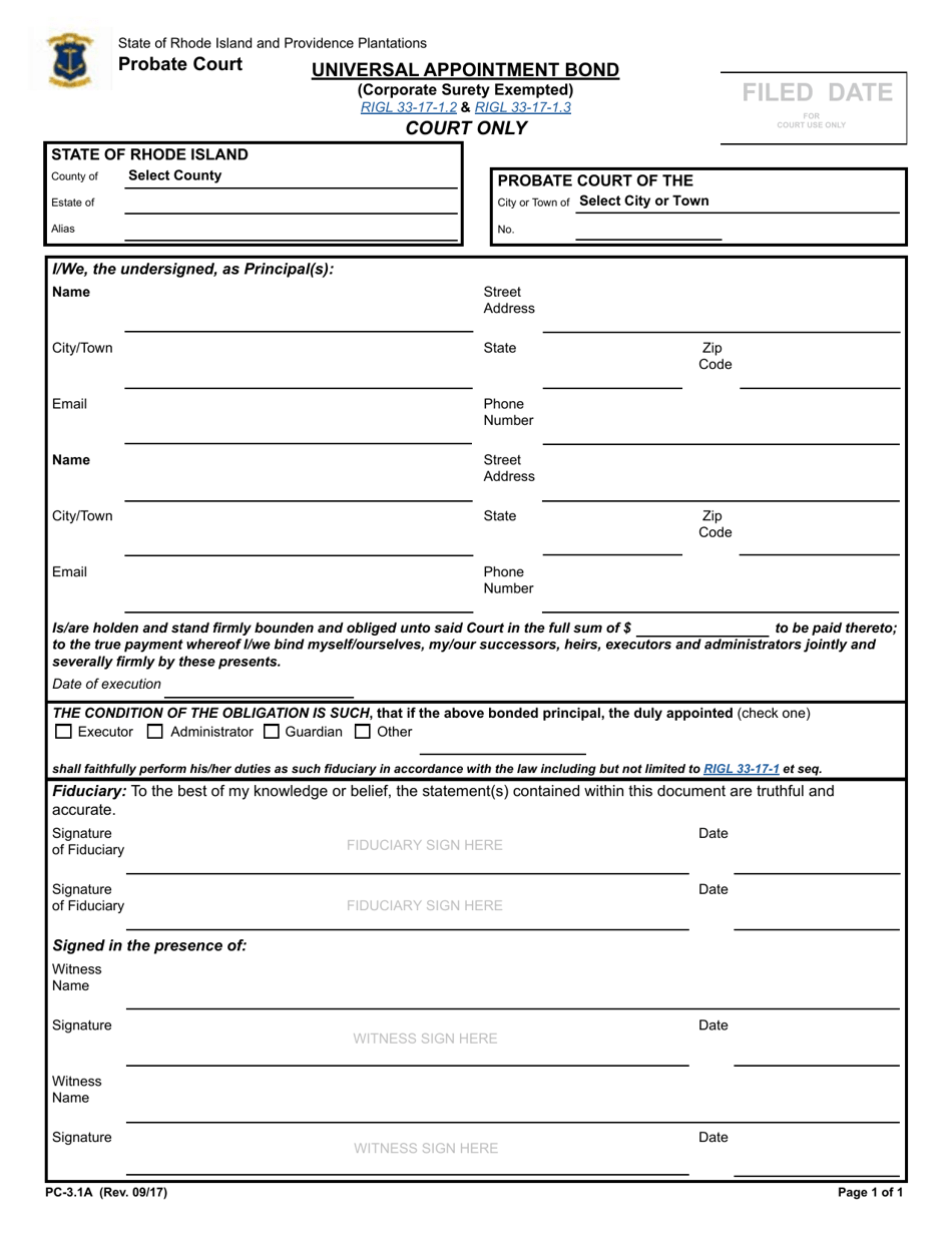 Form PC-3.1A Universal Appointment Bond - Rhode Island, Page 1