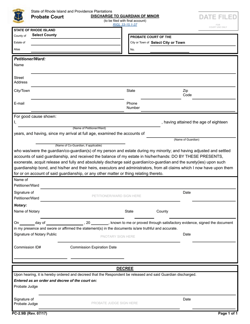 Form PC-2.9B Discharge to Guardian of Minor - Rhode Island, Page 1