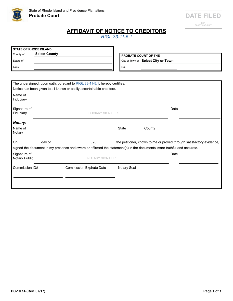 Form PC-10.14 Affidavit of Notice to Creditors - Rhode Island, Page 1
