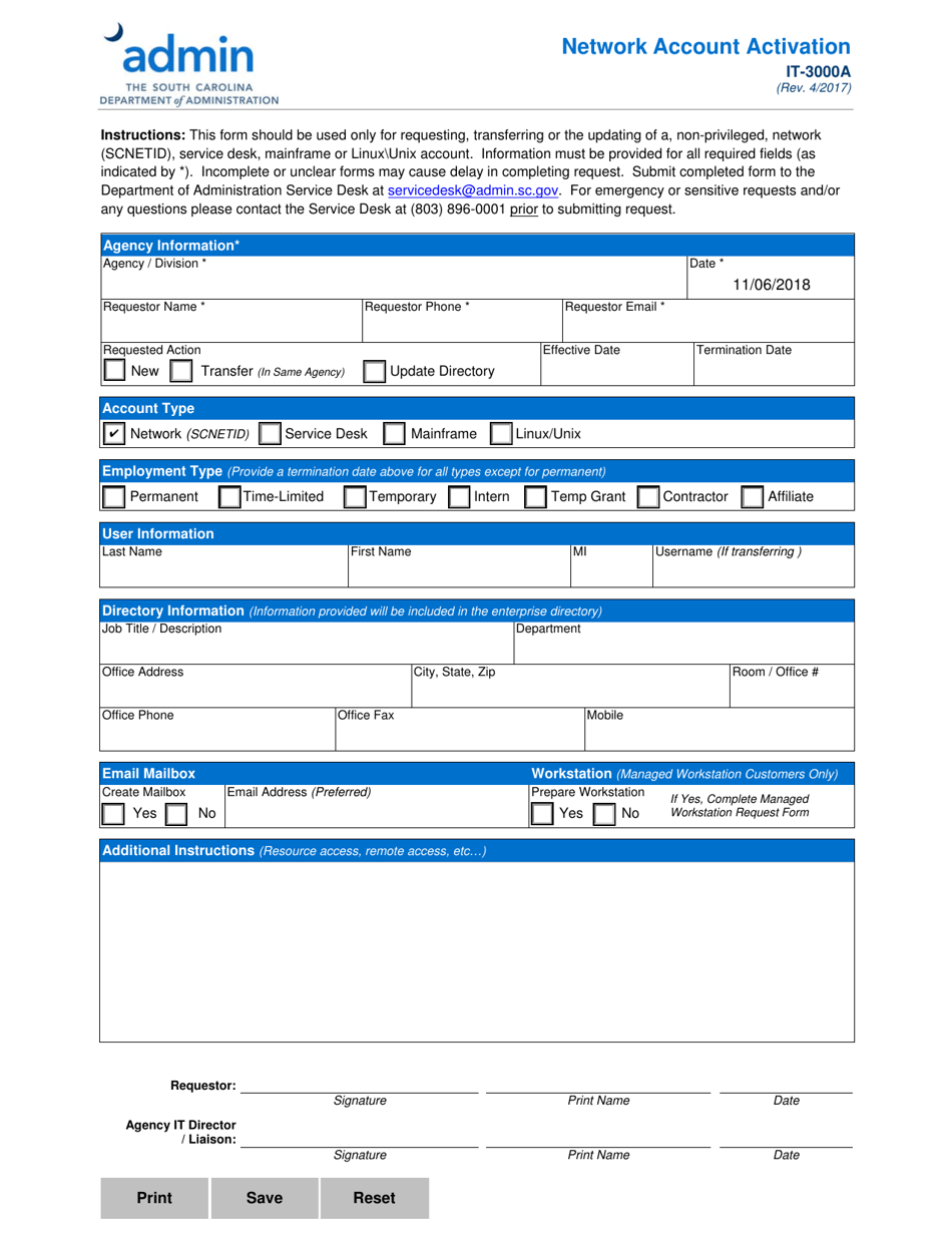 Form IT-3000A Network Account Activation - South Carolina, Page 1