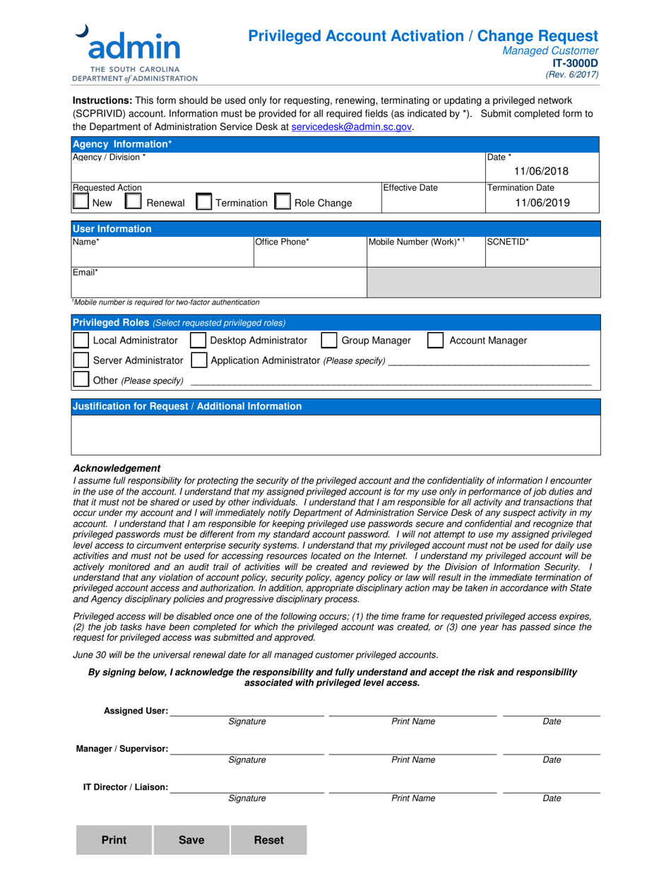 Form IT-3000D Privileged Account Request Form ' Managed Customer - South Carolina, Page 1