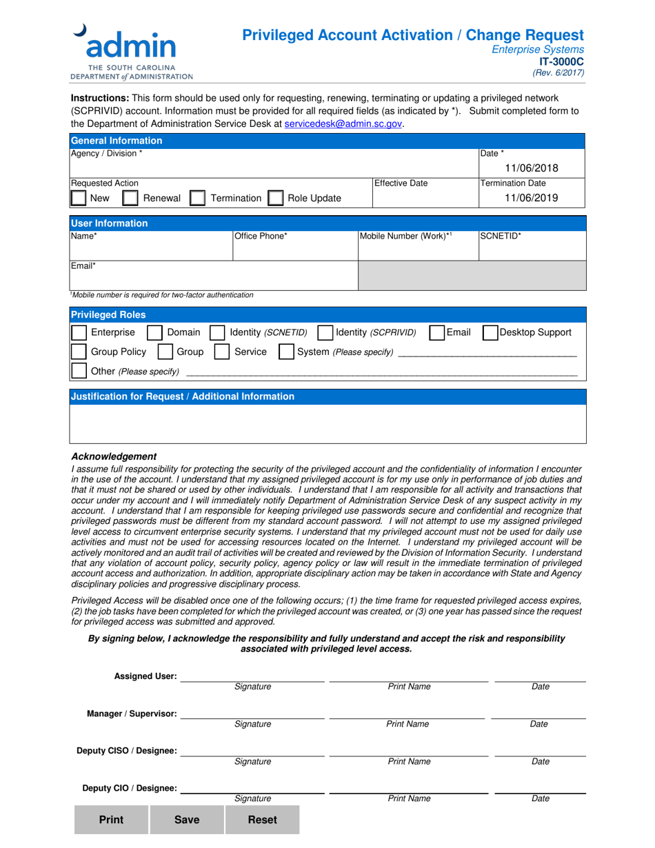 Form IT-3000C Privileged Account Request Form  Enterprise Systems (Dto Only) - South Carolina, Page 1