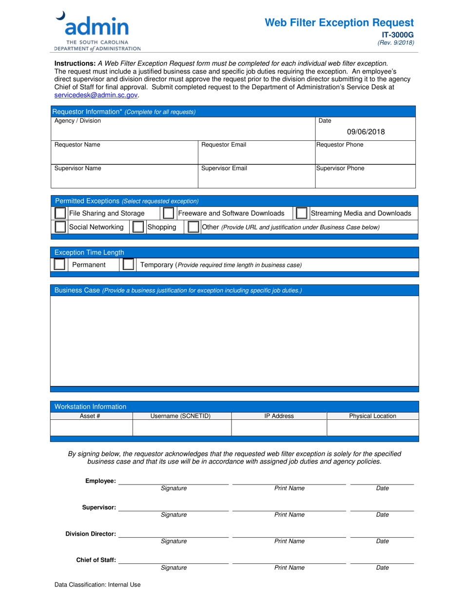 Form IT-3000G Web Filter Exception Request - South Carolina, Page 1