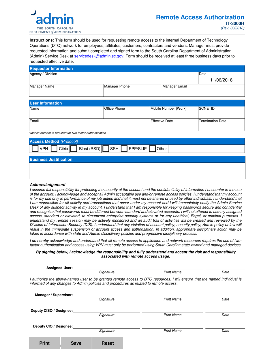 Form IT-3000H Remote Access Authorization - South Carolina, Page 1