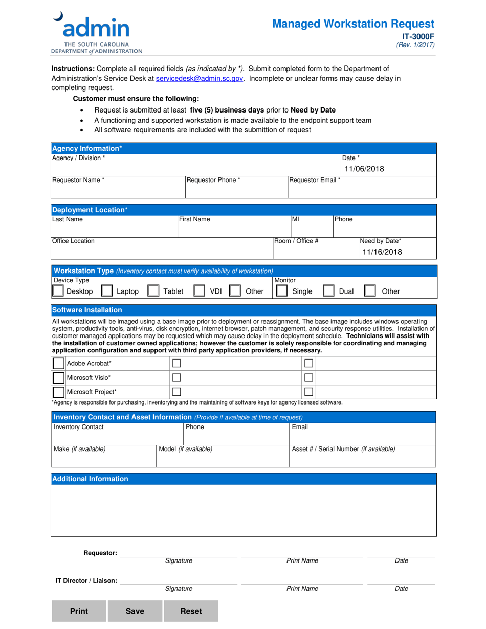 Form IT-3000F Managed Workstation Request - South Carolina, Page 1