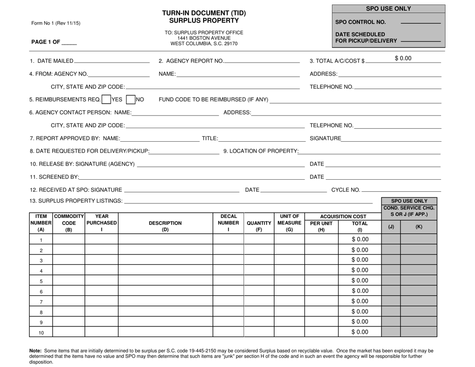 Form 1 Turn-In Document (Tid) Surplus Property - South Carolina, Page 1
