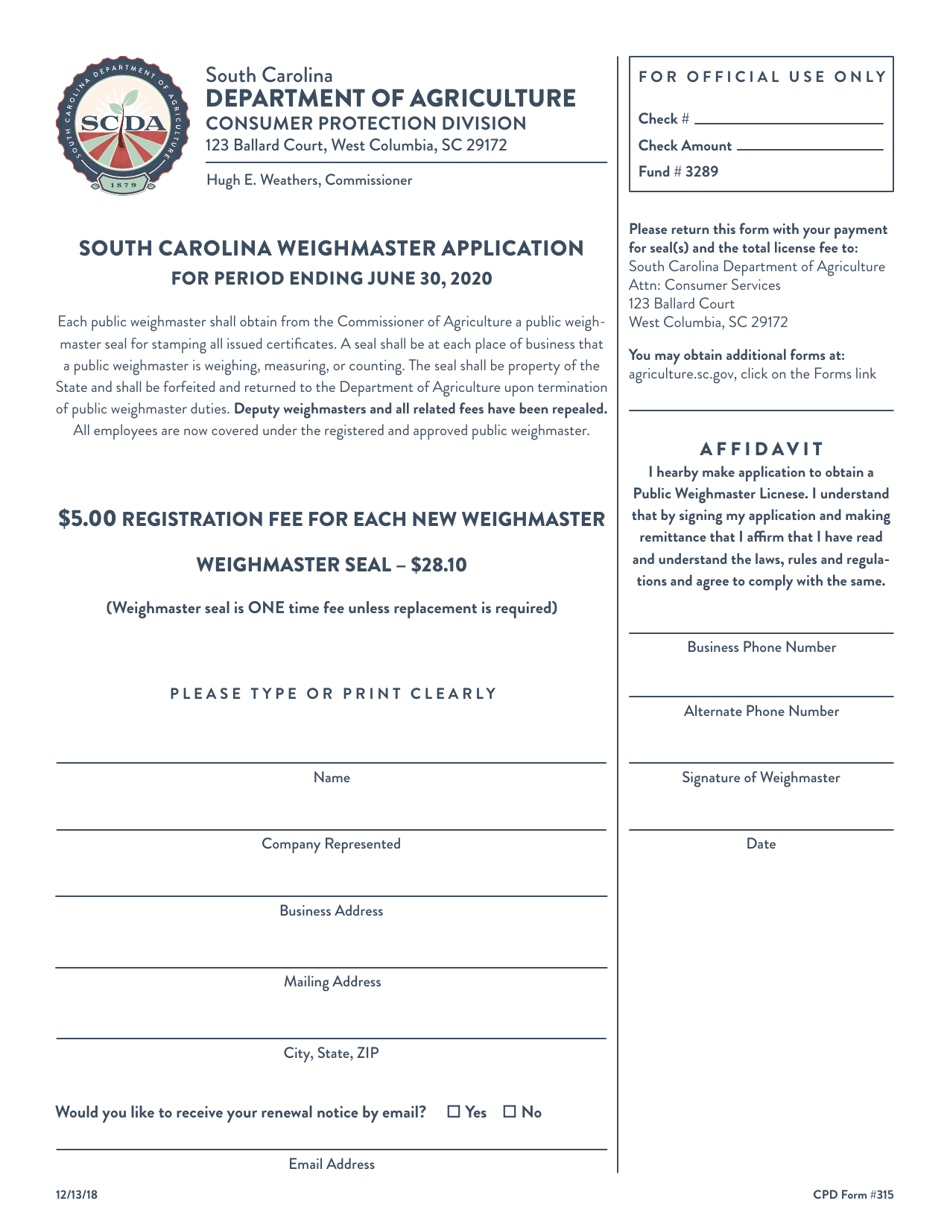 CPD Form 315 Weighmaster License Application - South Carolina, Page 1