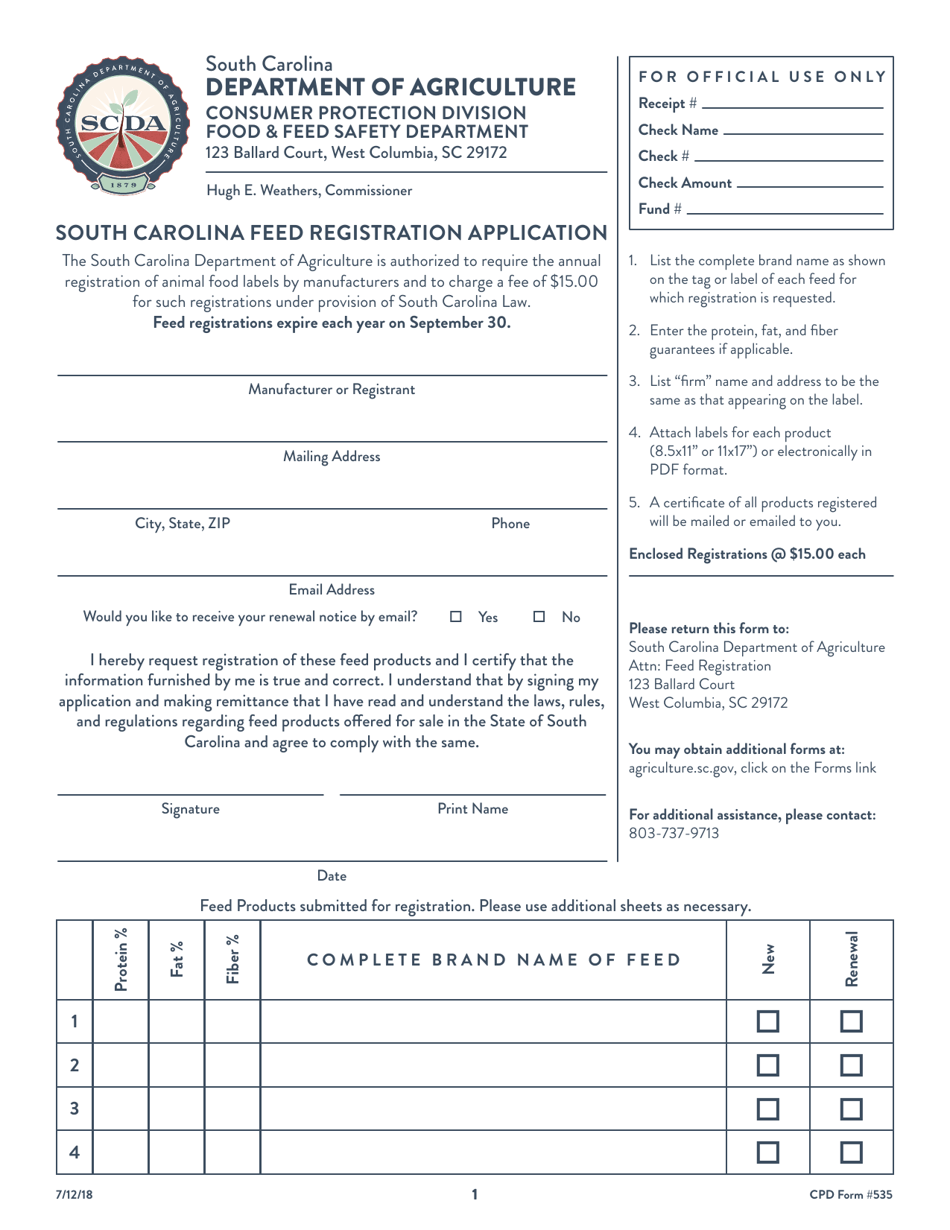 CPD Form 535 South Carolina Feed Registration Application - South Carolina, Page 1