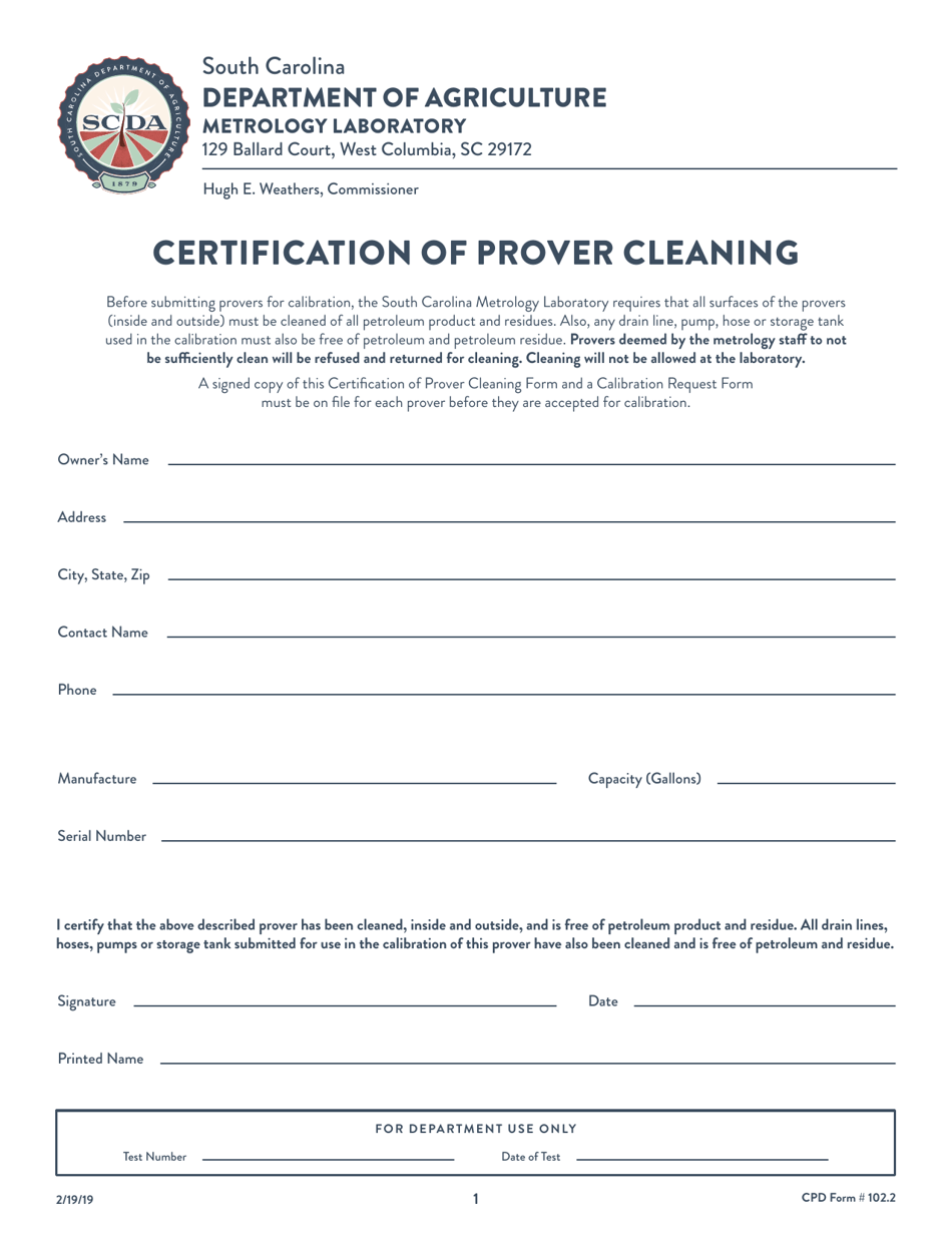 CPD Form 102.2 Certification of Prover Cleaning - South Carolina, Page 1