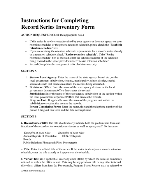 Instructions for Form ARM-01 Record Series Inventory Form - South Carolina