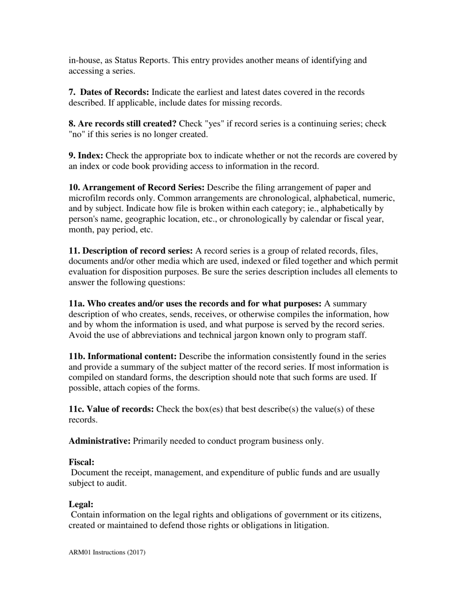 Instructions for Form ARM-01 Record Series Inventory Form - South Carolina, Page 2