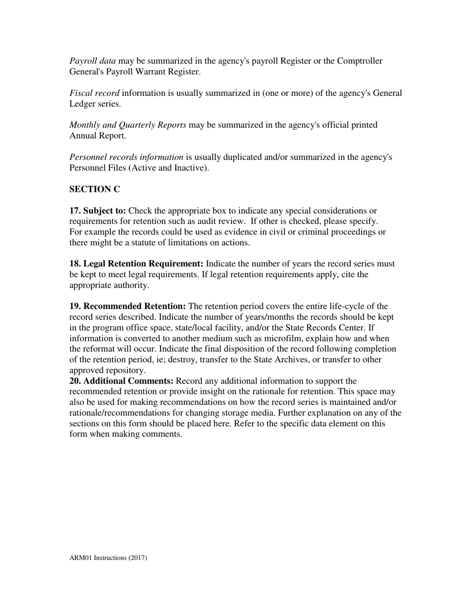 Instructions for Form ARM-01 Record Series Inventory Form - South Carolina, Page 4