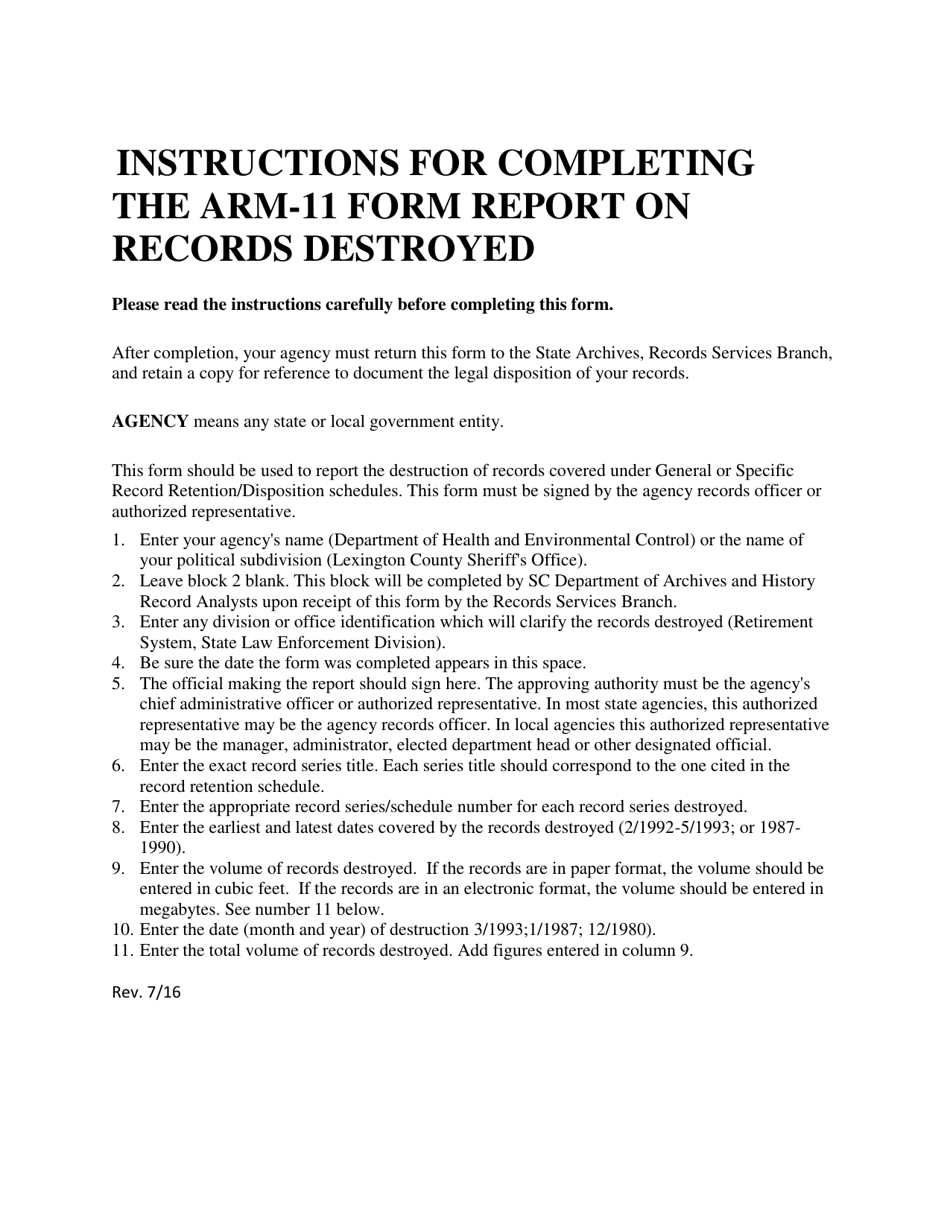 Instructions for Form ARM-11 Report on Records Destroyed - South Carolina, Page 1