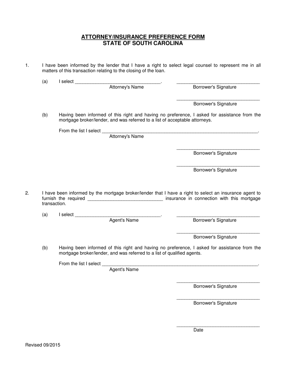 Attorney / Insurance Preference Form - South Carolina, Page 1