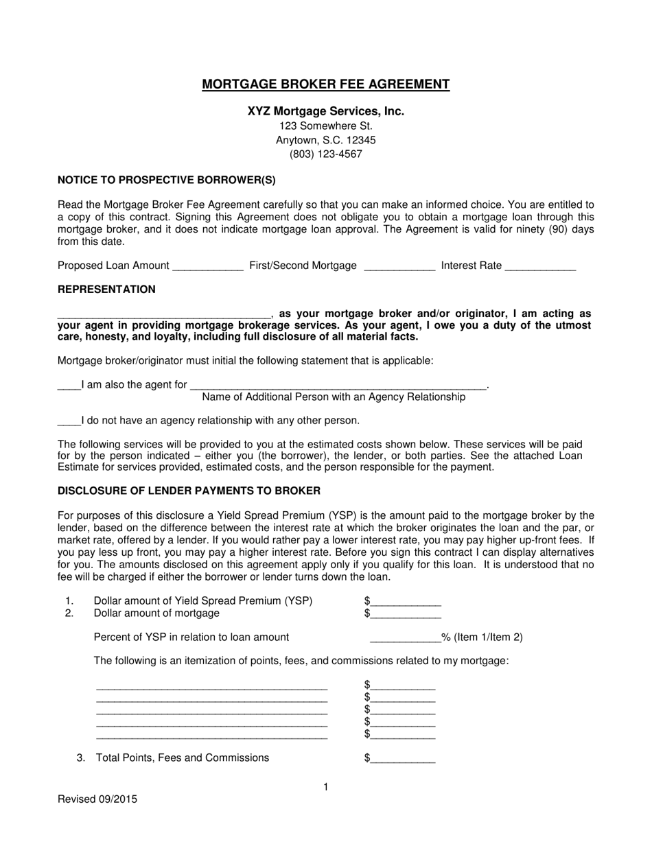 Mortgage Broker Fee Agreement - South Carolina, Page 1