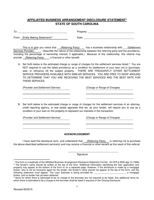 Affiliated Business Arrangement Disclosure Statement - South Carolina Download Pdf