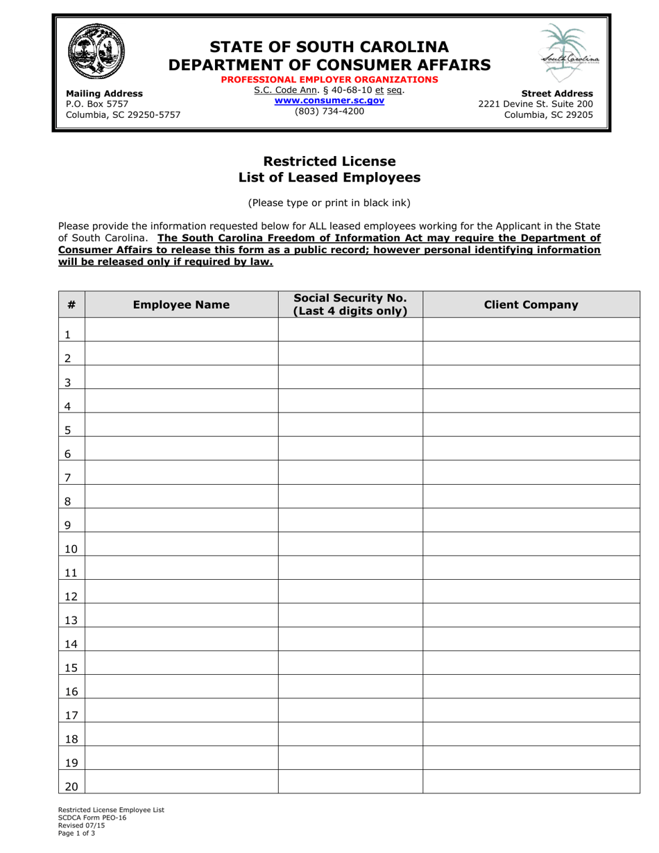 SCDCA Form PEO-16 Restricted License List of Leased Employees - South Carolina, Page 1