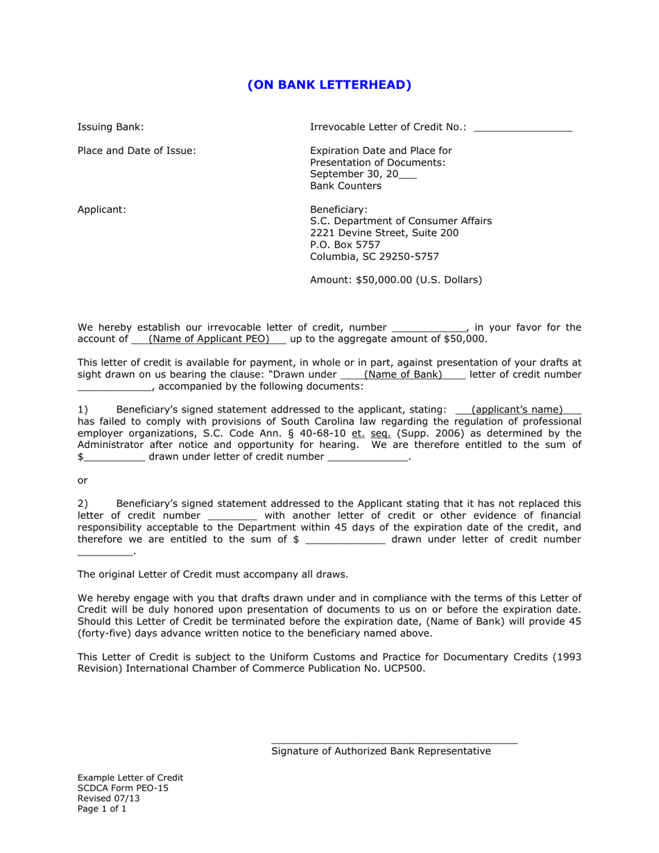SCDCA Form PEO-15 Example Letter of Credit - South Carolina, Page 1