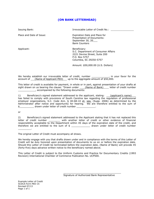 SCDCA Form PEO-15 Example Letter of Credit - South Carolina